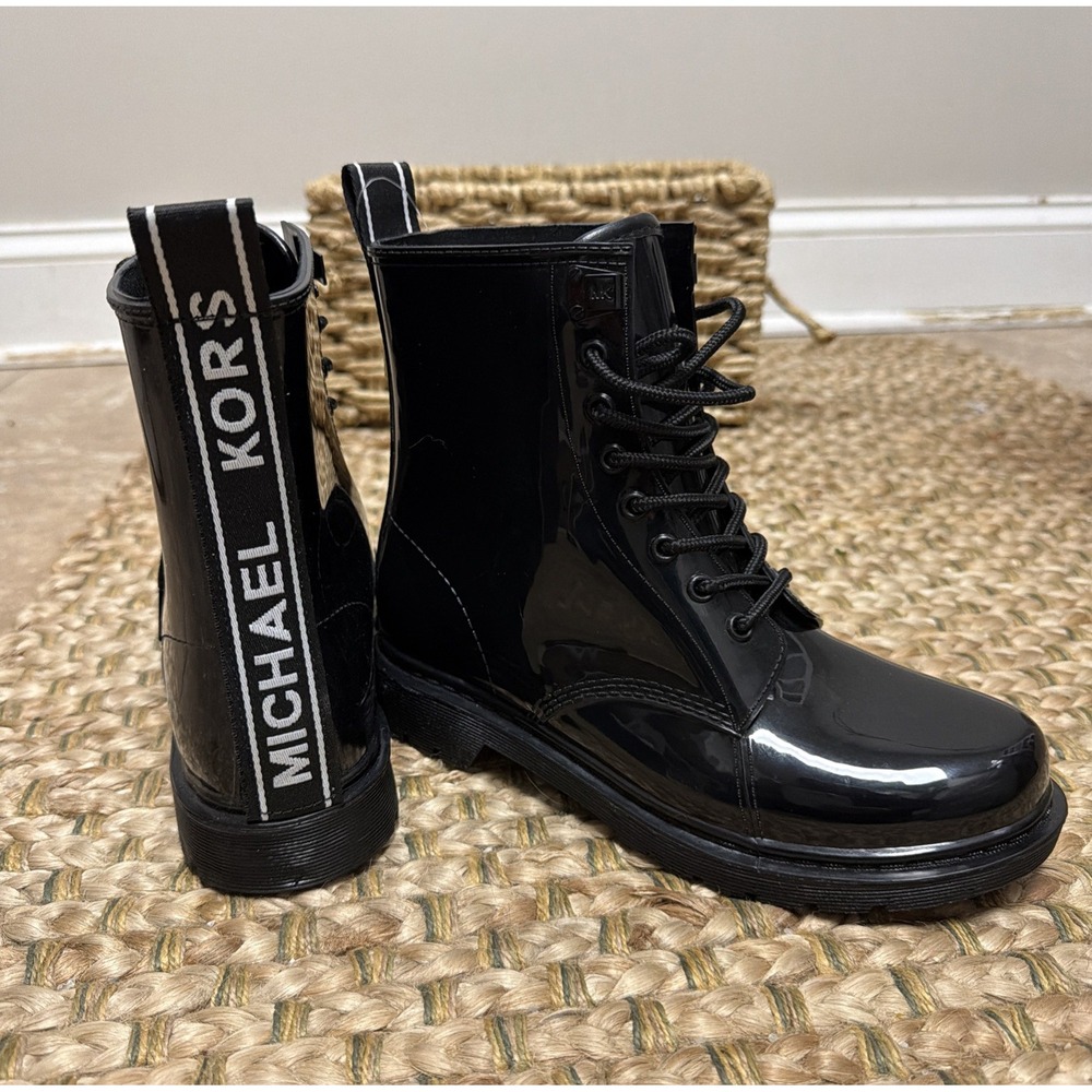 Michael Kors Tavie Rain Boots Black Patent Waterproof Combat Boots Womens‎ 7